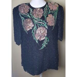 Vintage Scala Silk Beaded Sequin Floral Dark Romantic Glam Hollywood 80's Party